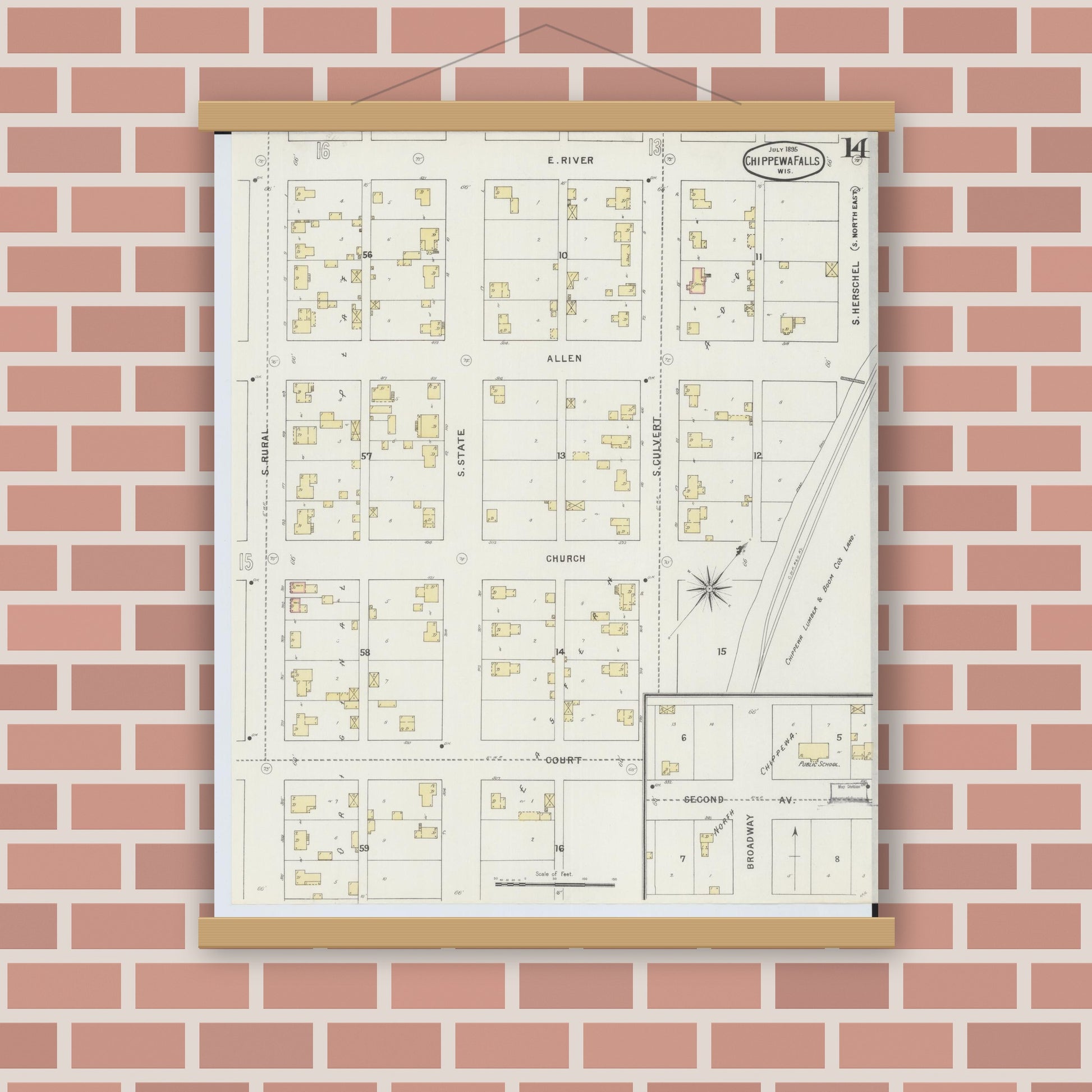Old map wall art mockup — magnetic wood frame on brick wall — Sanborn Fire Insurance Map from Chippewa Falls, Chippewa County, Wisconsin (1895), Sheet #0014