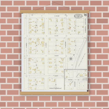 Old map wall art mockup — magnetic wood frame on brick wall — Sanborn Fire Insurance Map from Chippewa Falls, Chippewa County, Wisconsin (1895), Sheet #0014