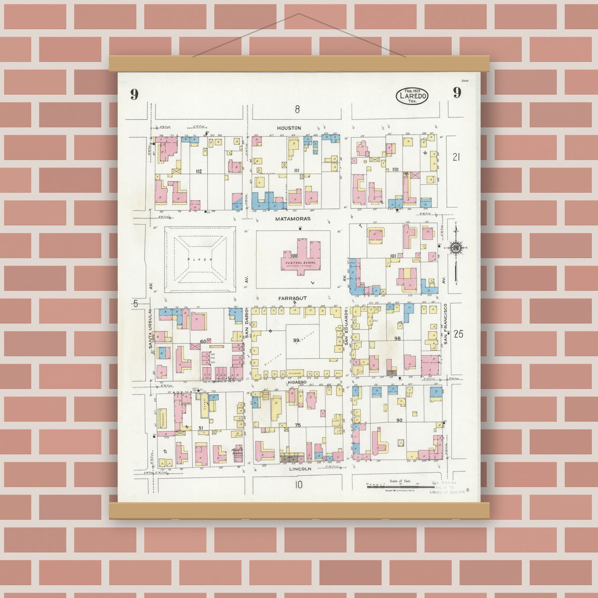 Old map wall art mockup — magnetic wood frame on brick wall — Sanborn Fire Insurance Map from Laredo, Webb County, Texas (1925), Sheet #0009