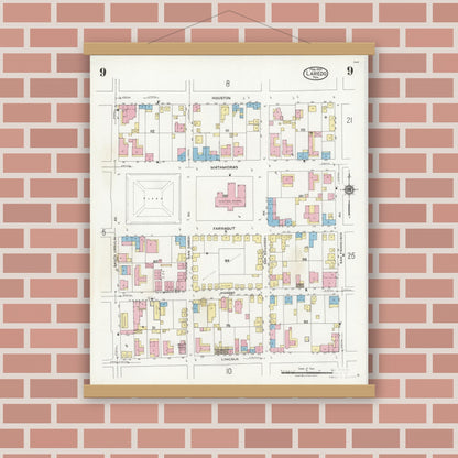 Old map wall art mockup — magnetic wood frame on brick wall — Sanborn Fire Insurance Map from Laredo, Webb County, Texas (1925), Sheet #0009