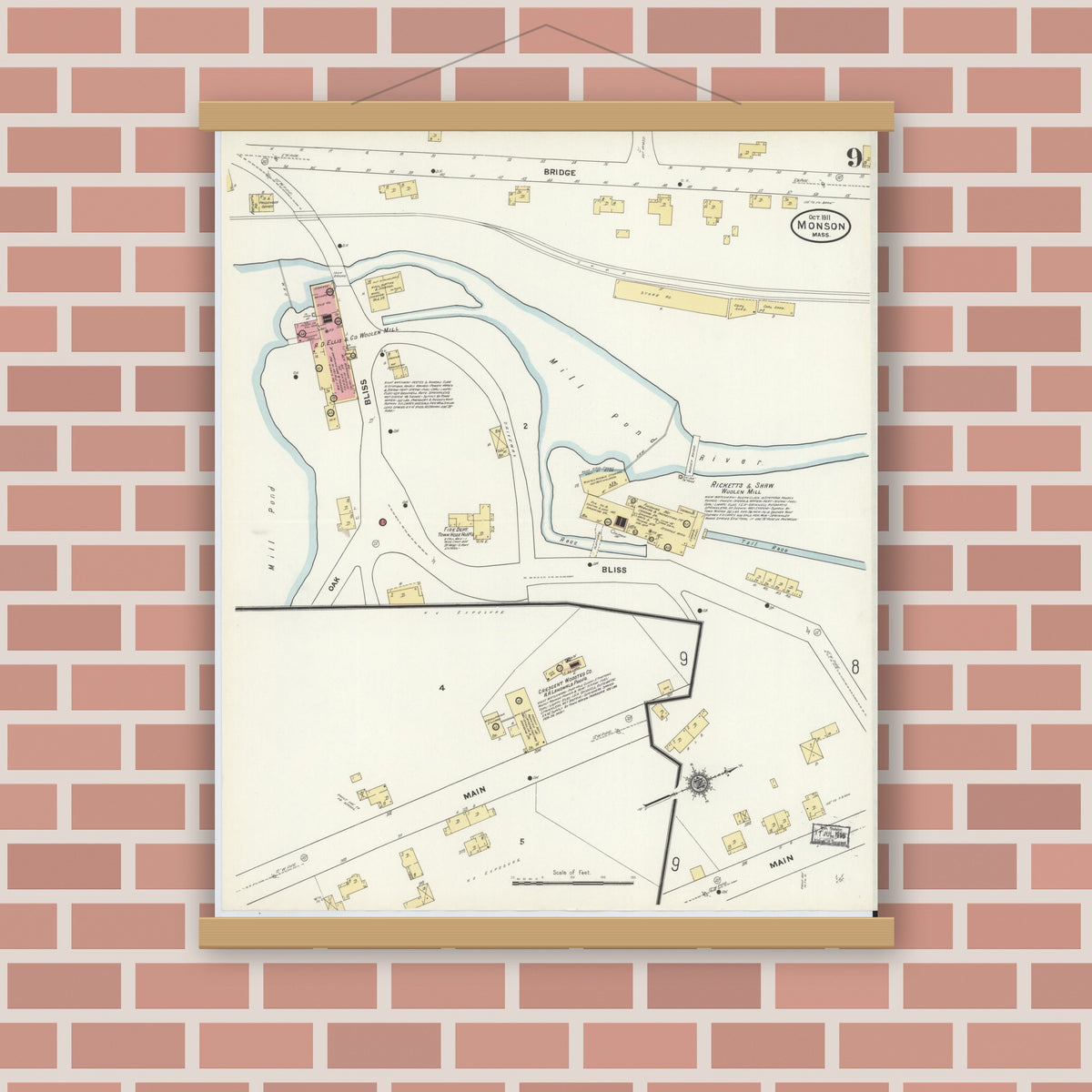 Old map wall art mockup — magnetic wood frame on brick wall — Sanborn Fire Insurance Map from Monson, Hampden County, Massachusetts (1911), Sheet #0009