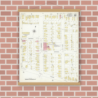 Old map wall art mockup — magnetic wood frame on brick wall — Sanborn Fire Insurance Map from Seymour, Jackson County, Indiana (1907), Sheet #0012