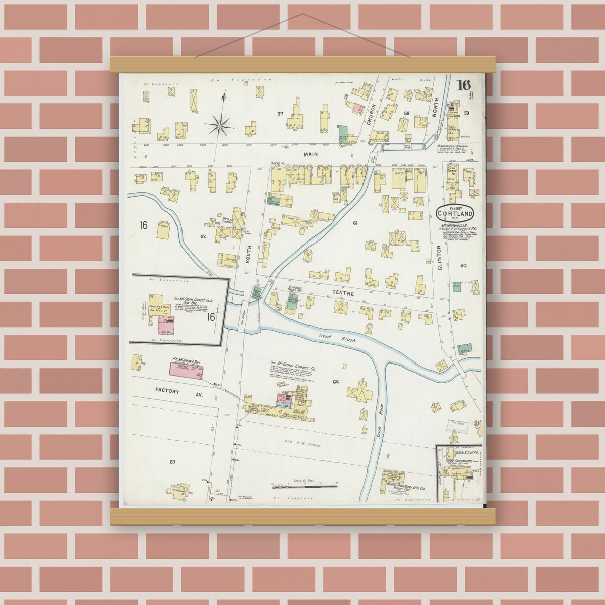 Old map wall art mockup — magnetic wood frame on brick wall — Sanborn Fire Insurance Map from Cortland, Cortland County, New York (1897), Sheet #0016
