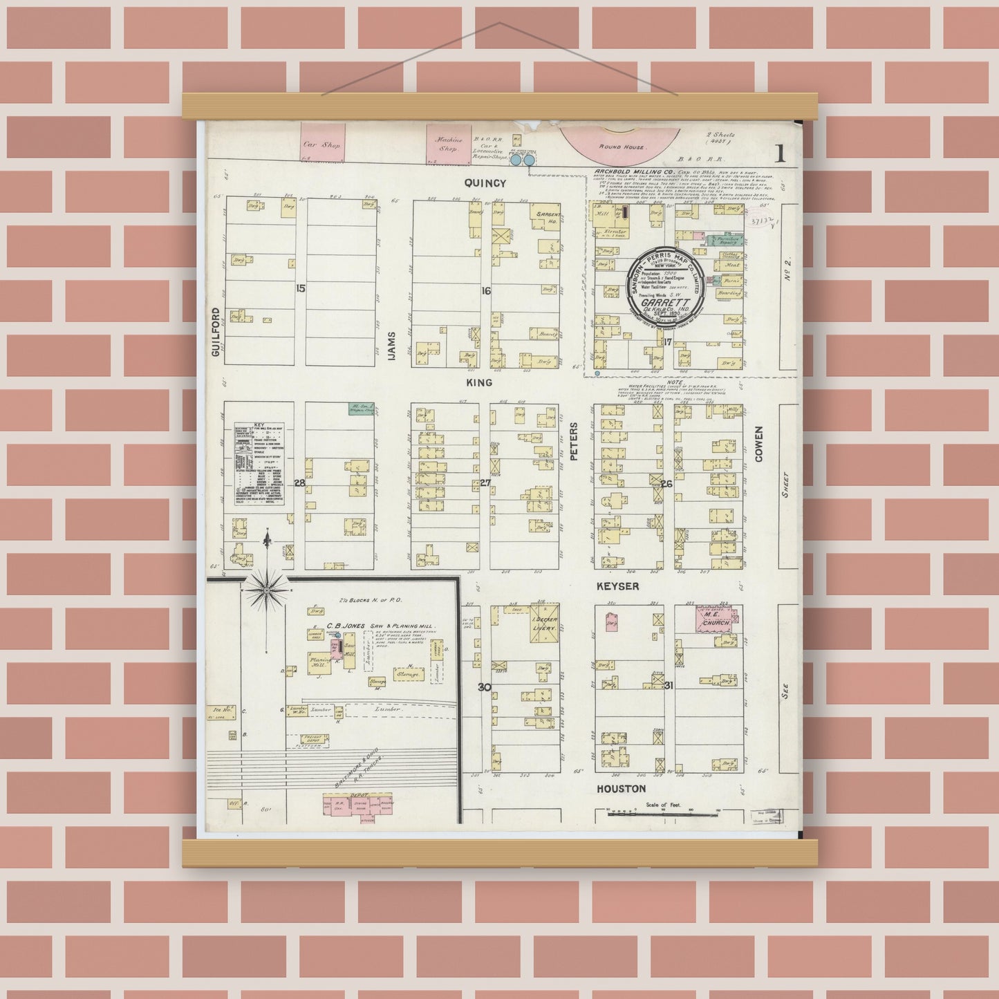 Old map wall art mockup — magnetic wood frame on brick wall — Sanborn Fire Insurance Map from Garrett, De Kalb County, Indiana (1890), Sheet #0001