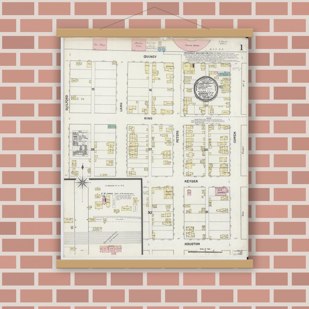 Old map wall art mockup — magnetic wood frame on brick wall — Sanborn Fire Insurance Map from Garrett, De Kalb County, Indiana (1890), Sheet #0001