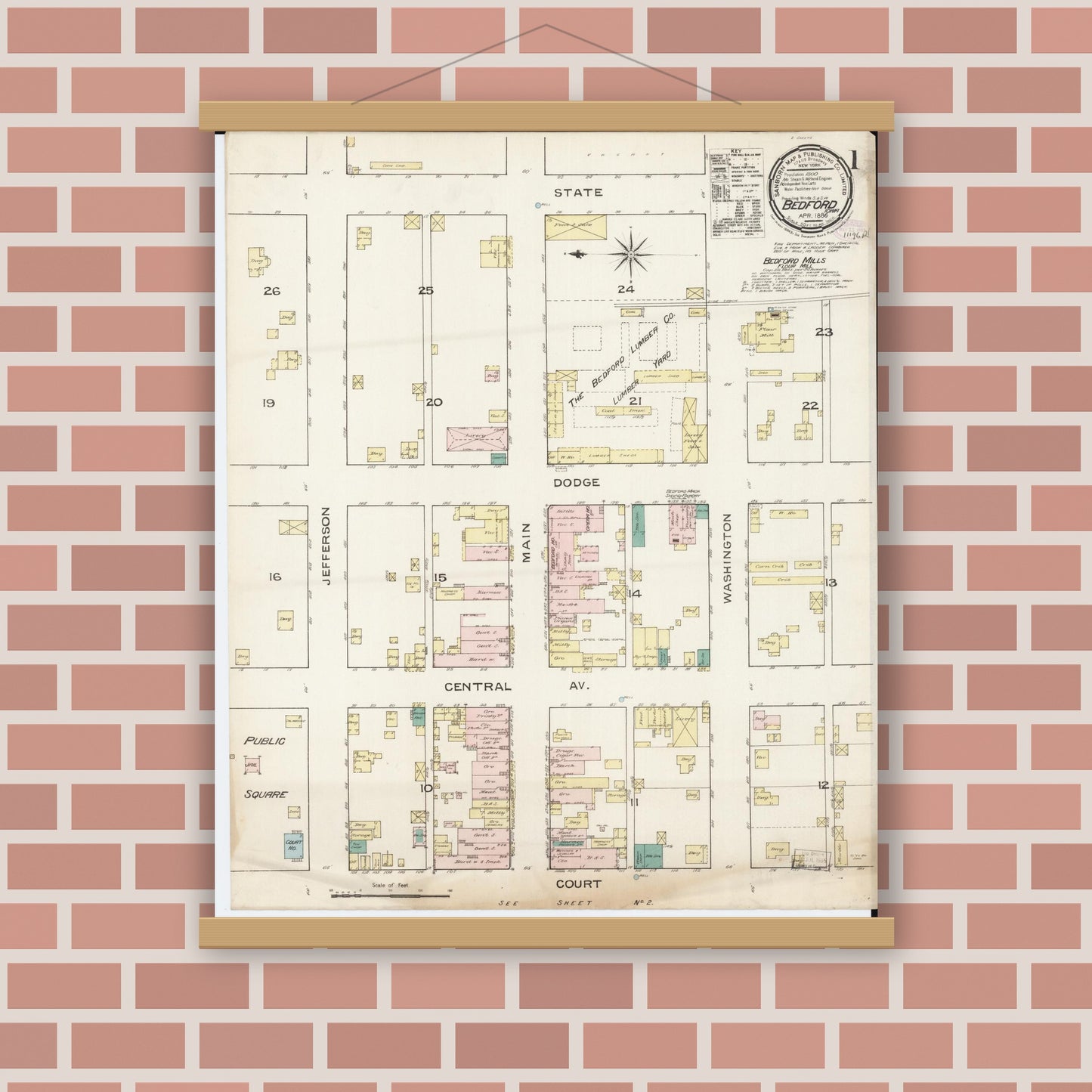 Old map wall art mockup — magnetic wood frame on brick wall — Sanborn Fire Insurance Map from Bedford, Taylor County, Iowa (1886) â€” Complete Set