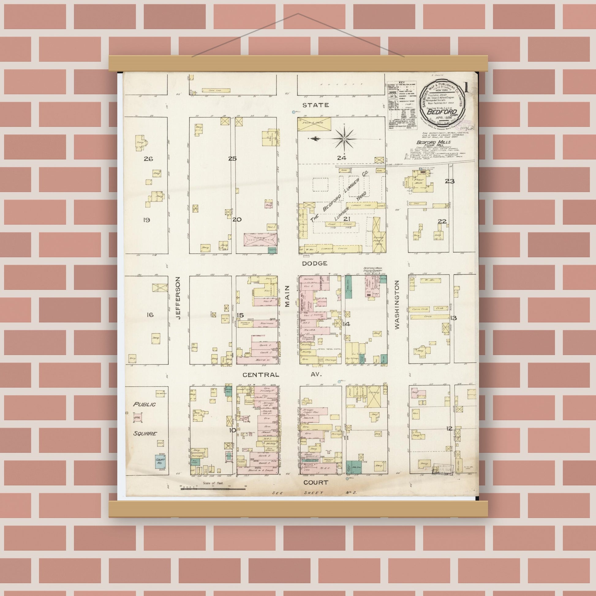 Old map wall art mockup — magnetic wood frame on brick wall — Sanborn Fire Insurance Map from Bedford, Taylor County, Iowa (1886) â€” Complete Set