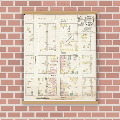 Old map wall art mockup — magnetic wood frame on brick wall — Sanborn Fire Insurance Map from Bedford, Taylor County, Iowa (1886) â€” Complete Set