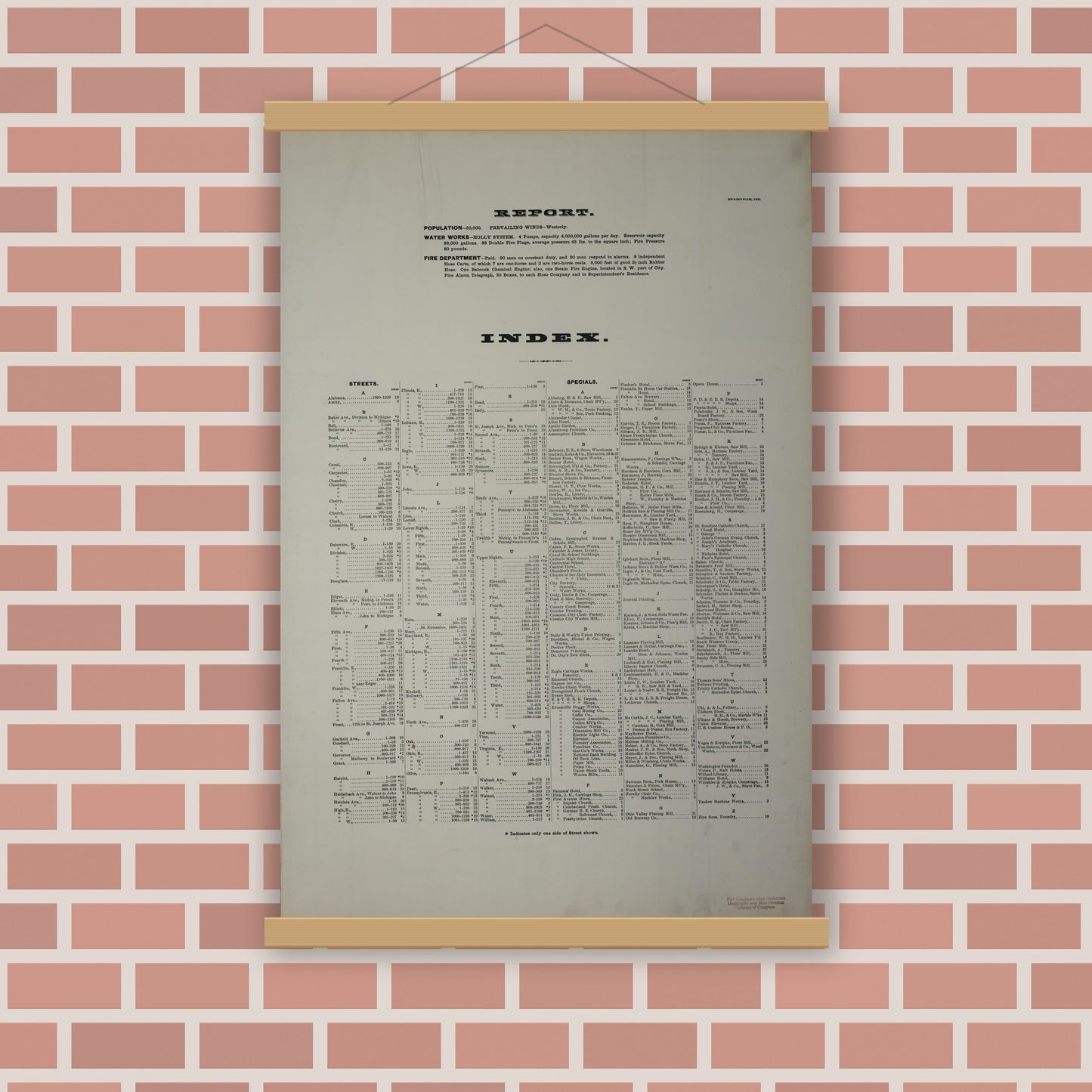 Old map wall art mockup — magnetic wood frame on brick wall — Sanborn Fire Insurance Map from Evansville, Vanderburgh County, Indiana (1884), Sheet #0001