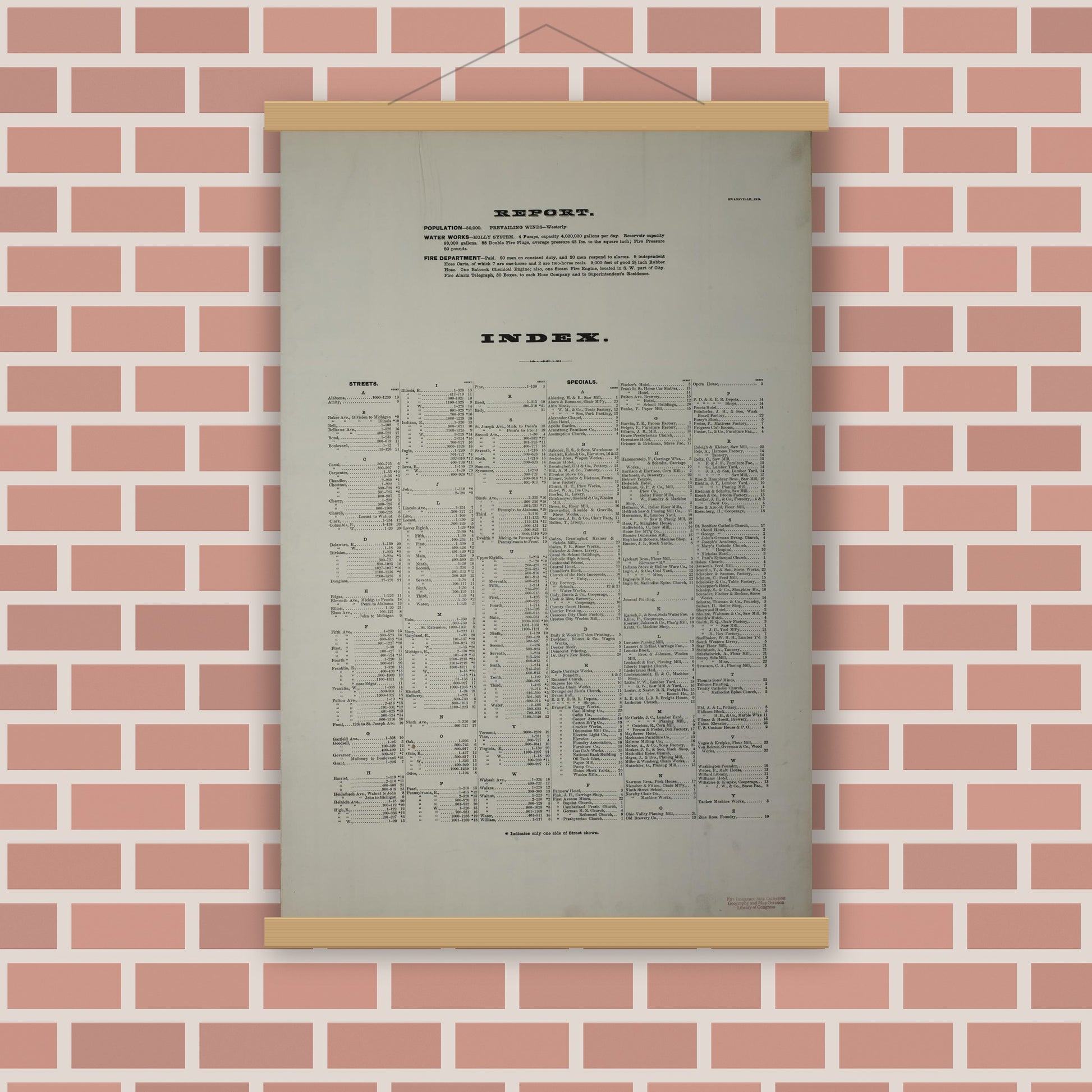 Old map wall art mockup — magnetic wood frame on brick wall — Sanborn Fire Insurance Map from Evansville, Vanderburgh County, Indiana (1884), Sheet #0001