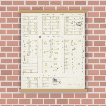 Old map wall art mockup — magnetic wood frame on brick wall — Sanborn Fire Insurance Map from Wells, Faribault County, Minnesota (1914), Sheet #0007