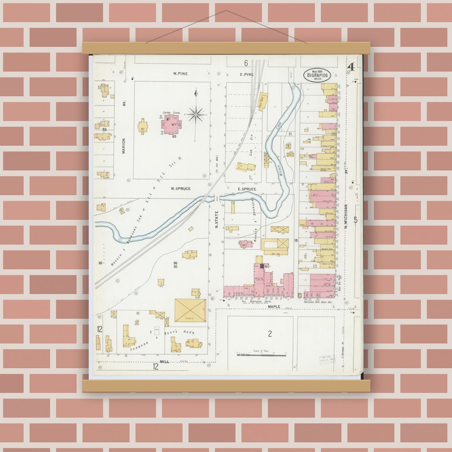 Old map wall art mockup — magnetic wood frame on brick wall — Sanborn Fire Insurance Map from Big Rapids, Mecosta County, Michigan (1899), Sheet #0004