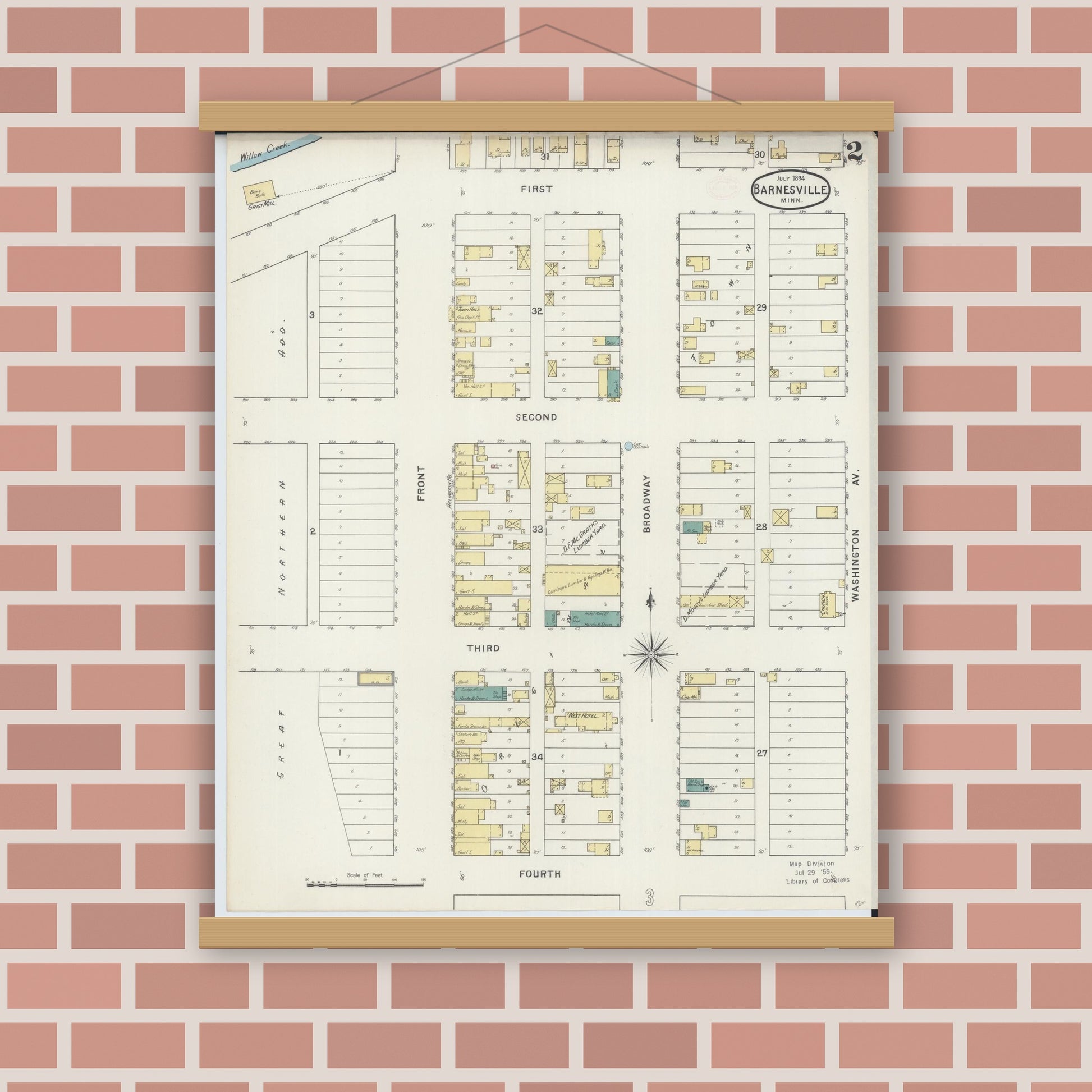 Old map wall art mockup — magnetic wood frame on brick wall — Sanborn Fire Insurance Map from Barnesville, Clay County, Minnesota (1894), Sheet #0002