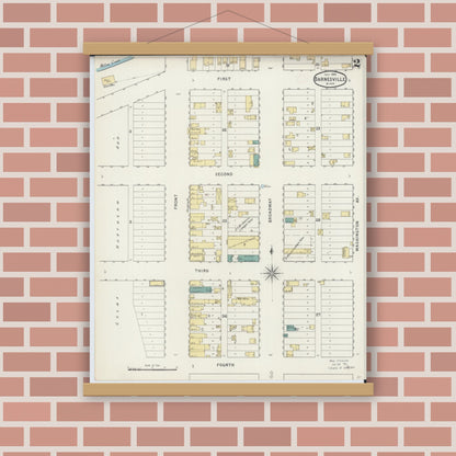 Old map wall art mockup — magnetic wood frame on brick wall — Sanborn Fire Insurance Map from Barnesville, Clay County, Minnesota (1894), Sheet #0002
