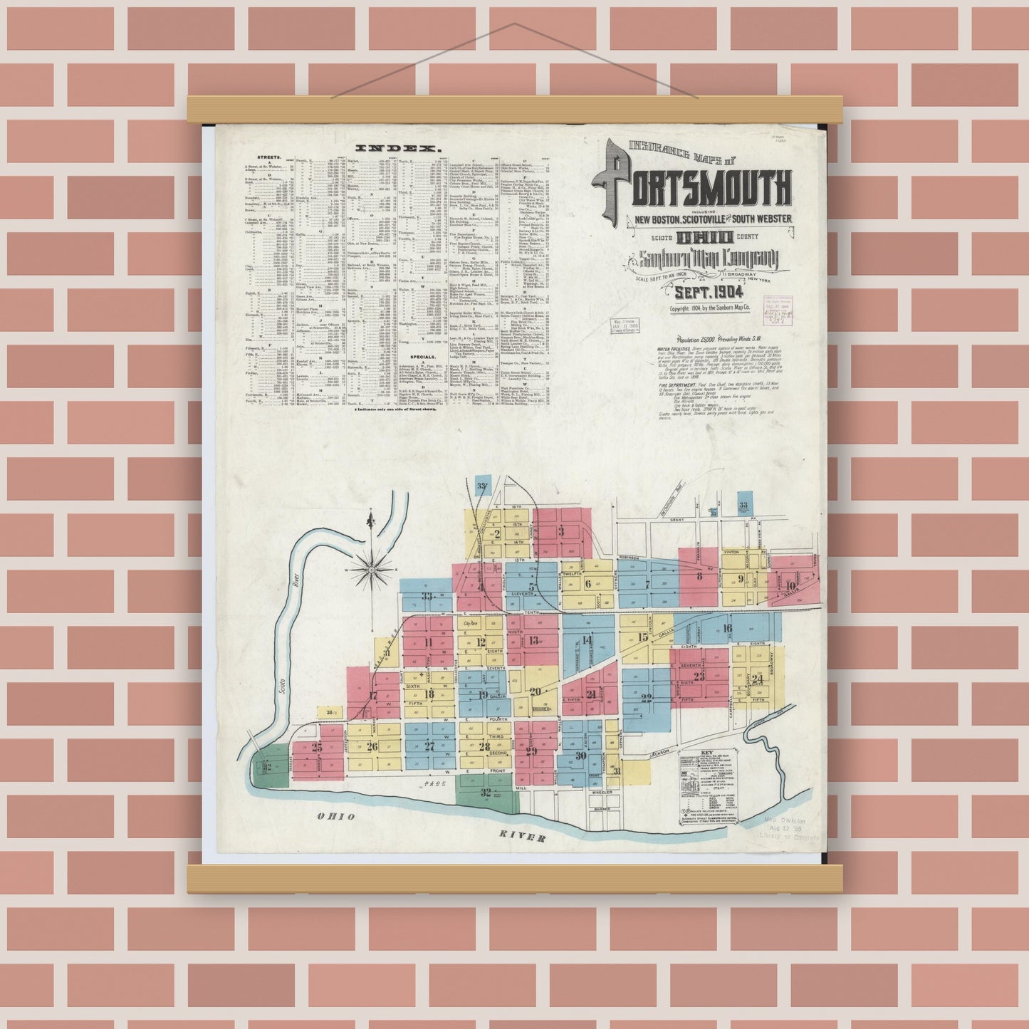 Old map wall art mockup — magnetic wood frame on brick wall — Sanborn Fire Insurance Map from Portsmouth, Scioto County, Ohio (1904), Sheet #0001