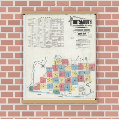 Old map wall art mockup — magnetic wood frame on brick wall — Sanborn Fire Insurance Map from Portsmouth, Scioto County, Ohio (1904), Sheet #0001