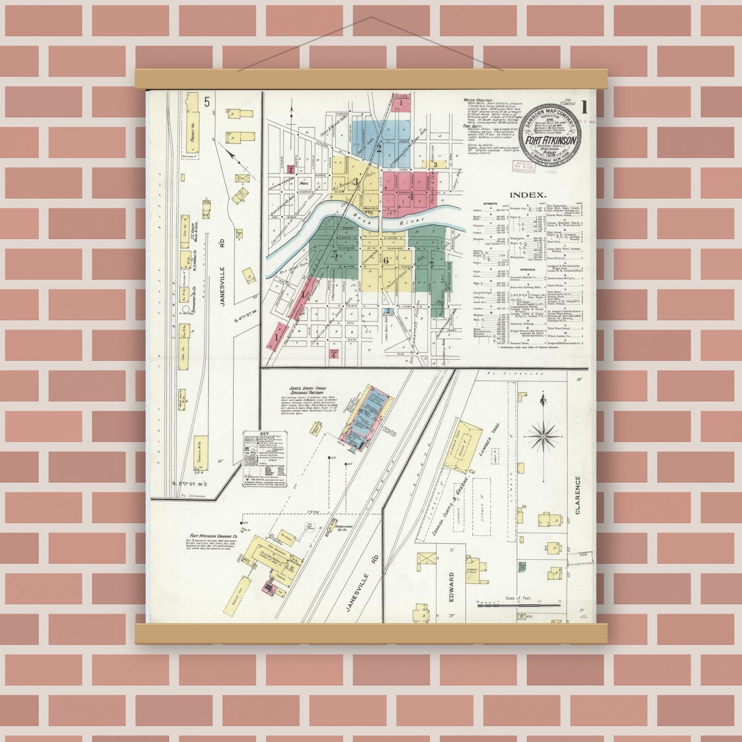 Old map wall art mockup — magnetic wood frame on brick wall — Sanborn Fire Insurance Map from Fort Atkinson, Jefferson County, Wisconsin (1909) - Complete Map Set