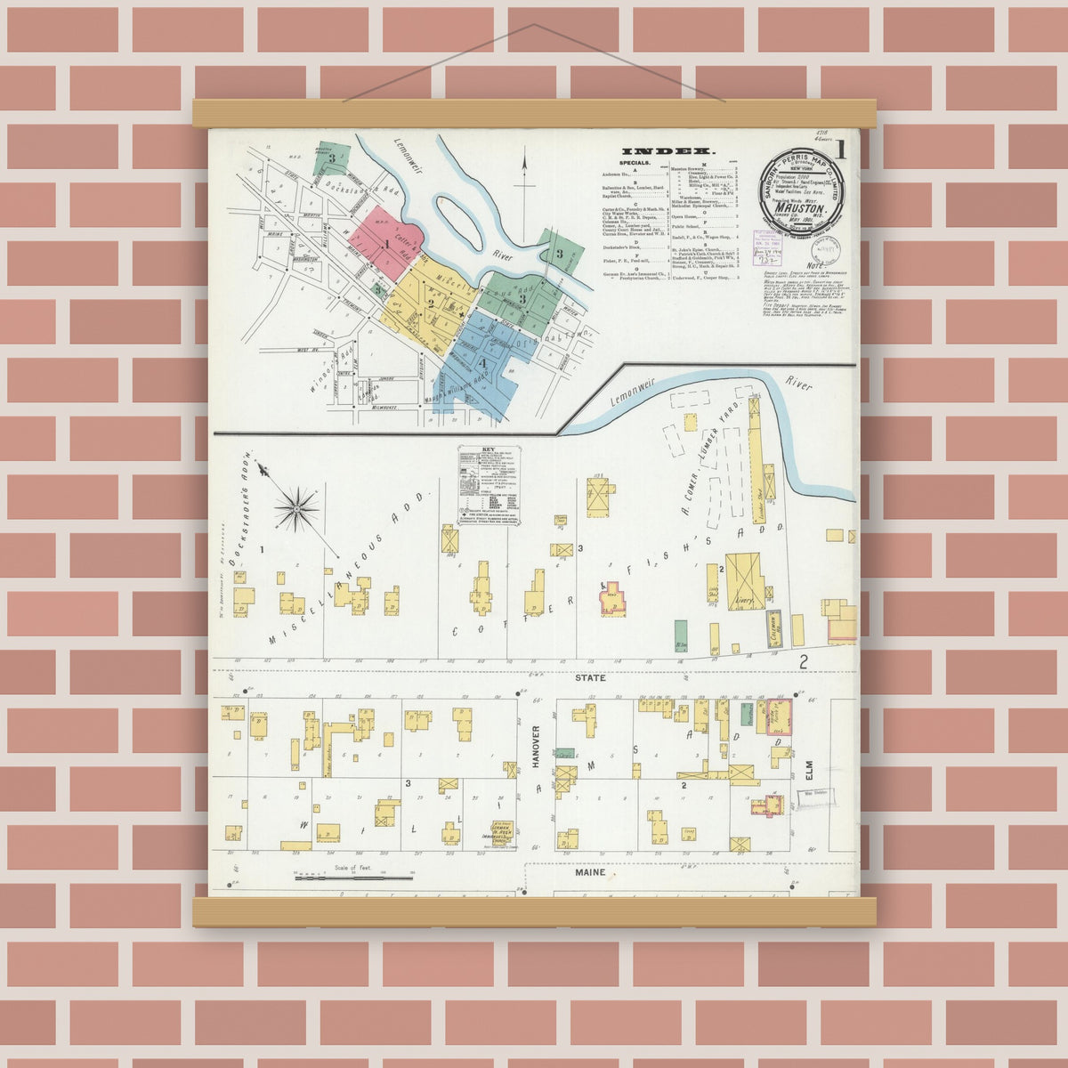 Old map wall art mockup — magnetic wood frame on brick wall — Sanborn Fire Insurance Map from Mauston, Juneau County, Wisconsin (1901), Sheet #0001