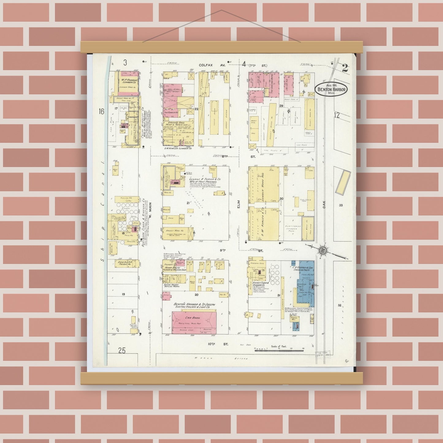 Old map wall art mockup — magnetic wood frame on brick wall — Sanborn Fire Insurance Map from Benton Harbor, Berrien County, Michigan (1911), Sheet #0002