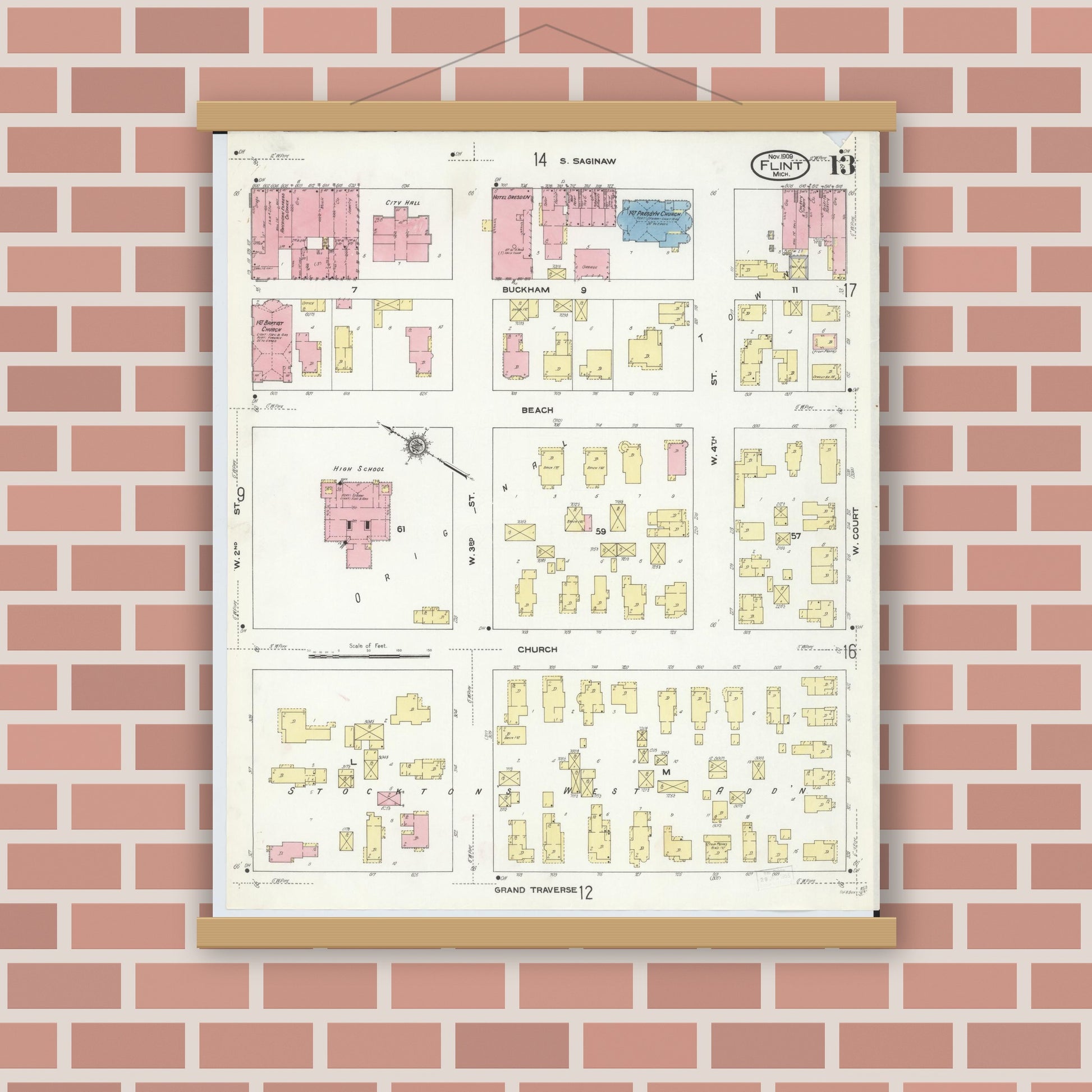 Old map wall art mockup — magnetic wood frame on brick wall — Sanborn Fire Insurance Map from Flint, Genesee County, Michigan (1909), Sheet #0013
