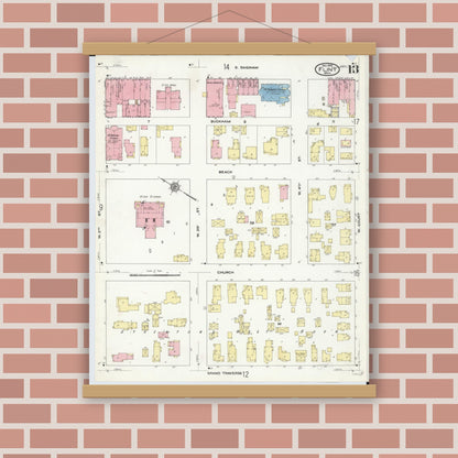 Old map wall art mockup — magnetic wood frame on brick wall — Sanborn Fire Insurance Map from Flint, Genesee County, Michigan (1909), Sheet #0013