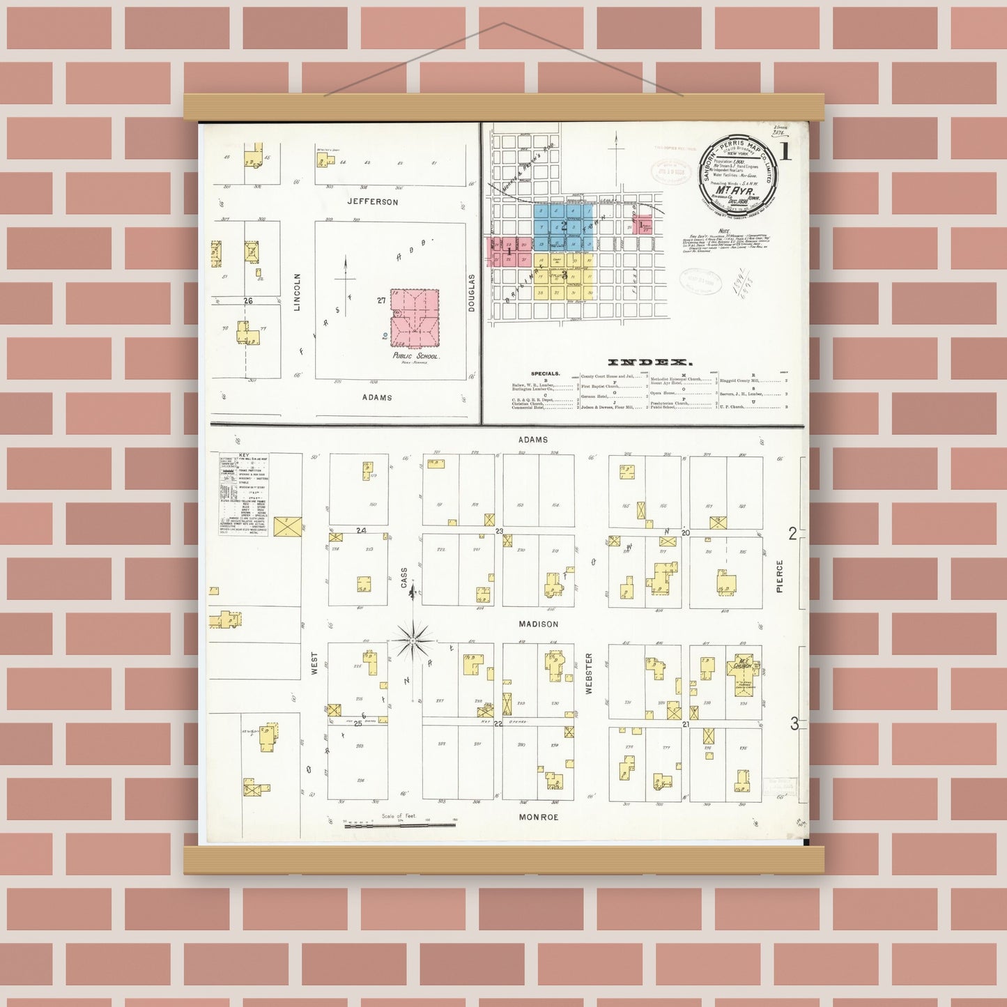 Old map wall art mockup — magnetic wood frame on brick wall — Sanborn Fire Insurance Map from Mount Ayr, Ringgold County, Iowa (1898) â€” Complete Set