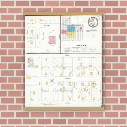 Old map wall art mockup — magnetic wood frame on brick wall — Sanborn Fire Insurance Map from Mount Ayr, Ringgold County, Iowa (1898) â€” Complete Set