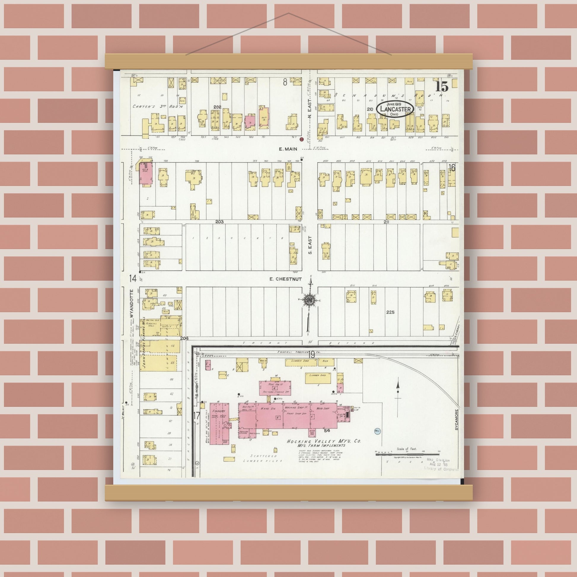 Old map wall art mockup — magnetic wood frame on brick wall — Sanborn Fire Insurance Map from Lancaster, Fairfield County, Ohio (1919), Sheet #0015
