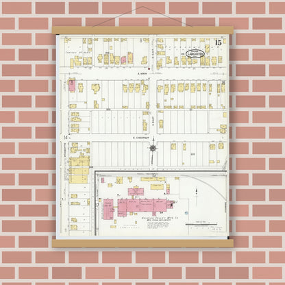 Old map wall art mockup — magnetic wood frame on brick wall — Sanborn Fire Insurance Map from Lancaster, Fairfield County, Ohio (1919), Sheet #0015