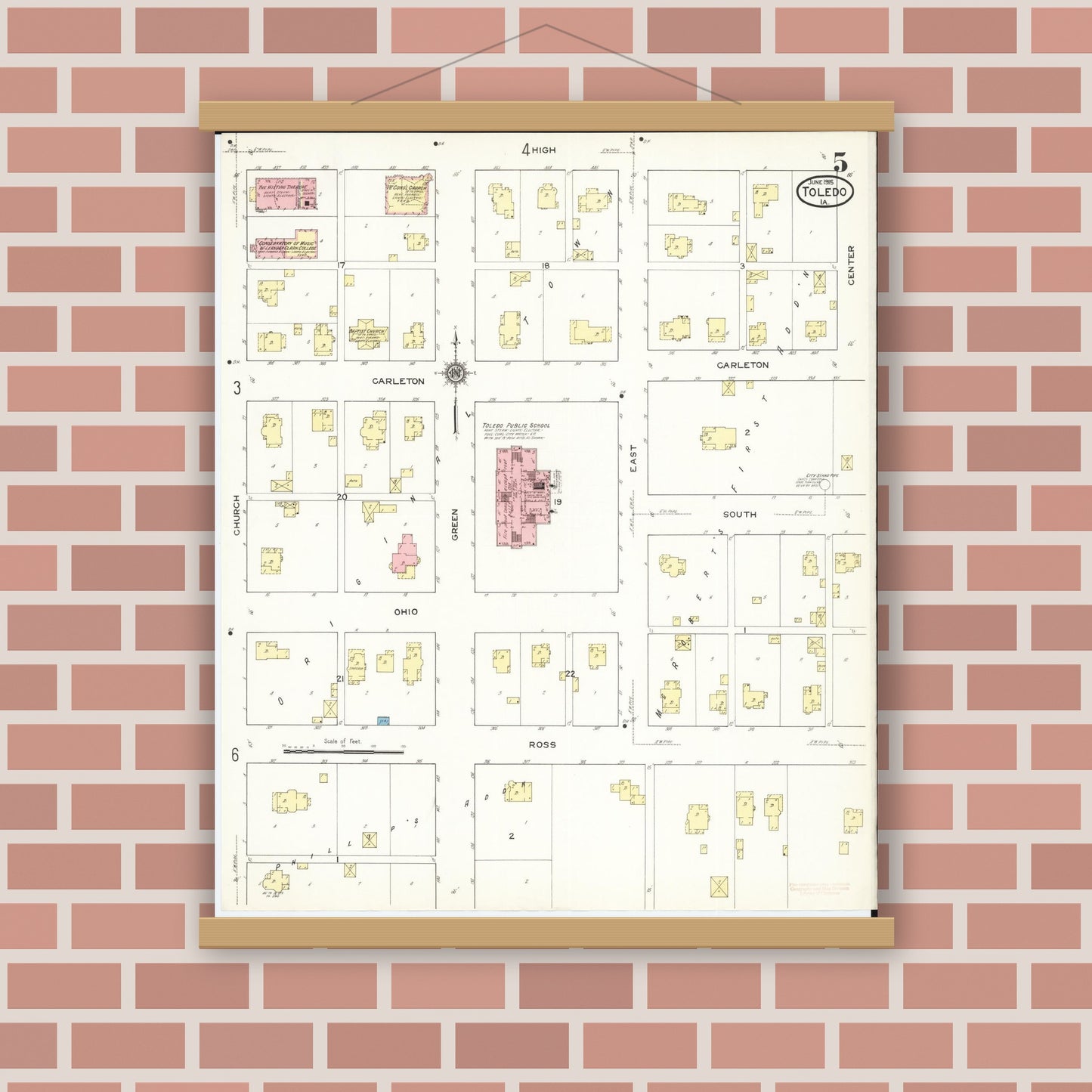 Old map wall art mockup — magnetic wood frame on brick wall — Sanborn Fire Insurance Map from Toledo, Tama County, Iowa (1915), Sheet #0005