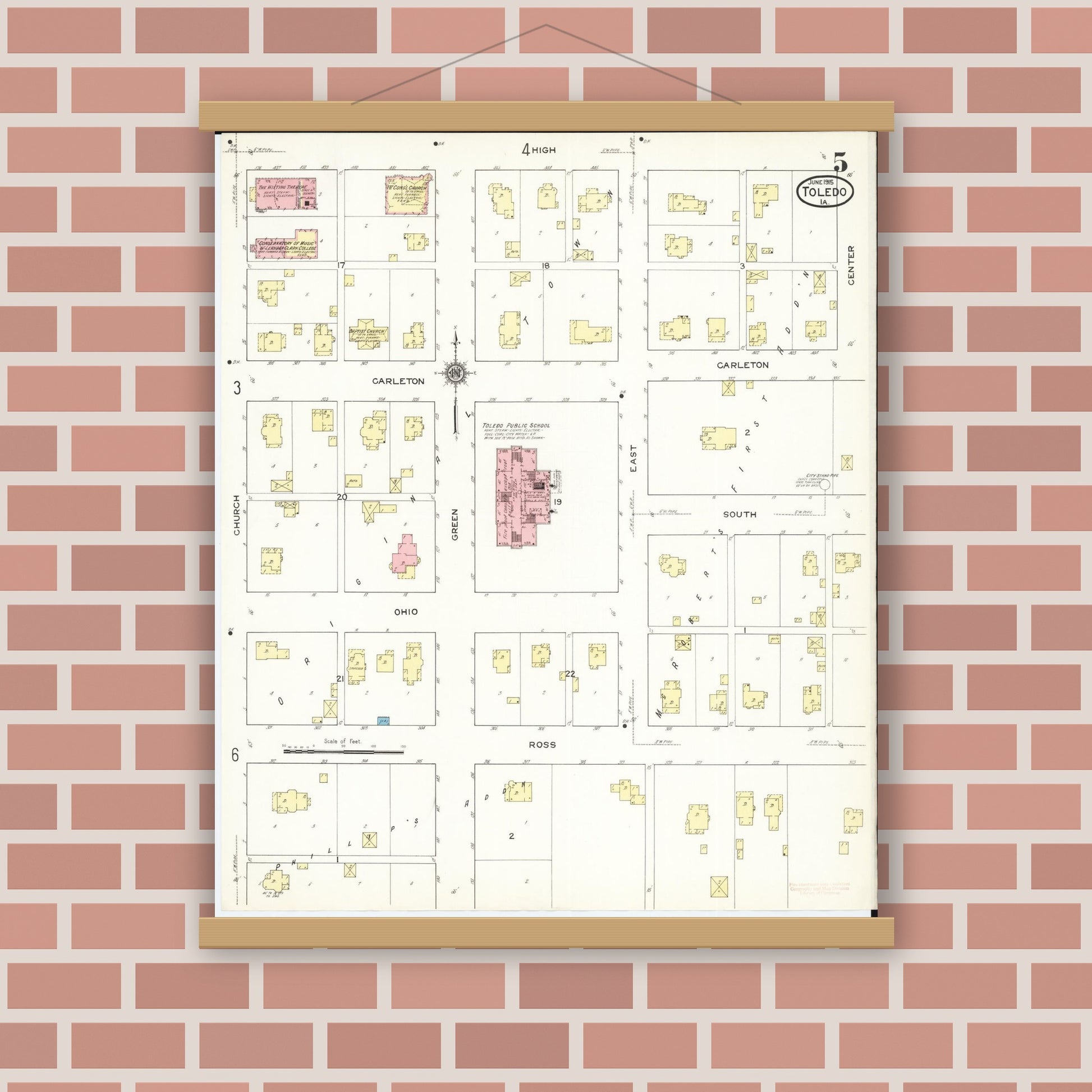 Old map wall art mockup — magnetic wood frame on brick wall — Sanborn Fire Insurance Map from Toledo, Tama County, Iowa (1915), Sheet #0005