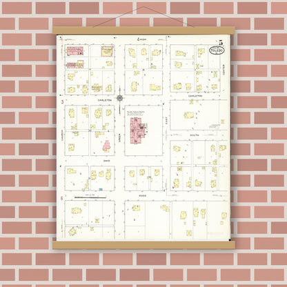 Old map wall art mockup — magnetic wood frame on brick wall — Sanborn Fire Insurance Map from Toledo, Tama County, Iowa (1915), Sheet #0005