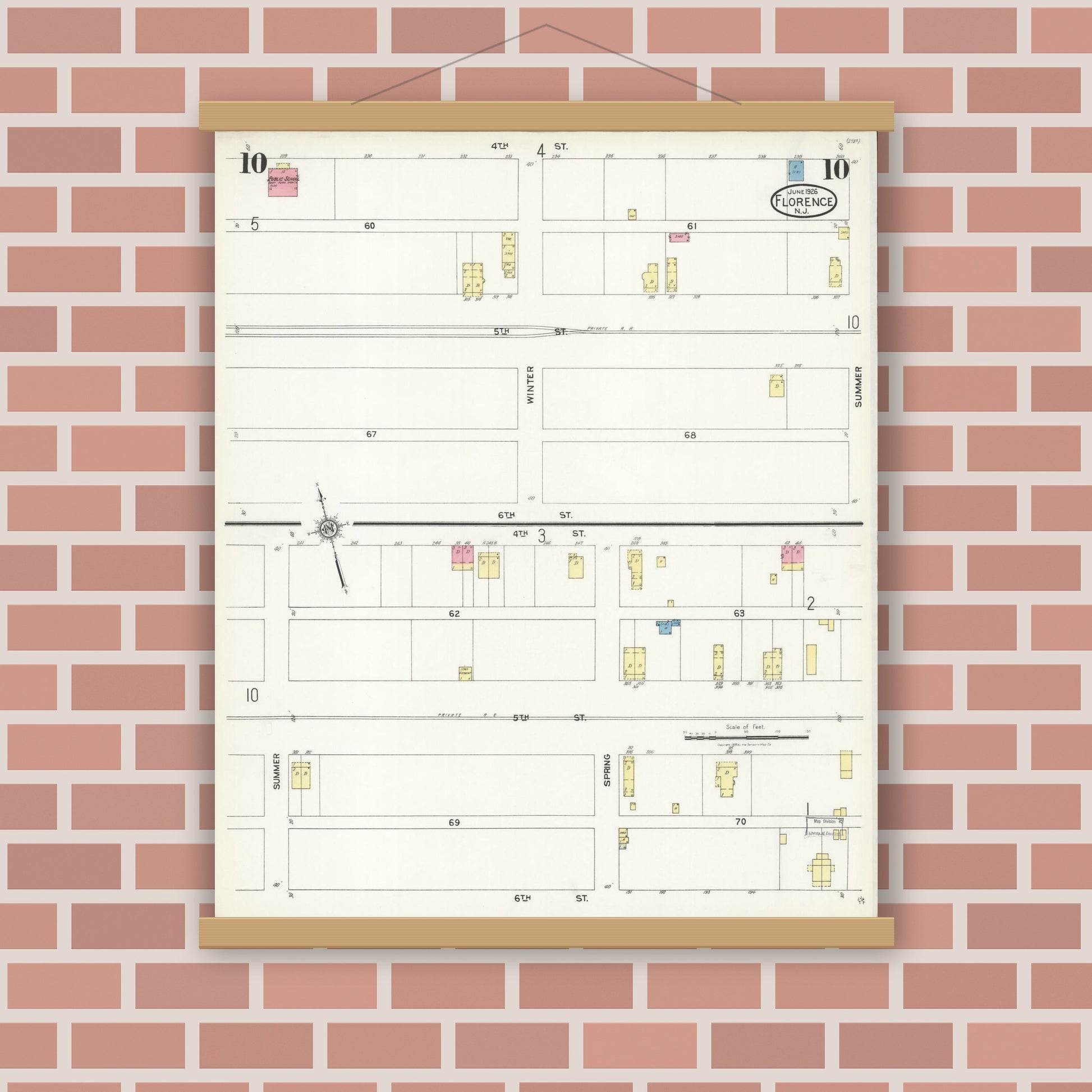 Old map wall art mockup — magnetic wood frame on brick wall — Sanborn Fire Insurance Map from Florence, Burlington County, New Jersey (1926), Sheet #0010