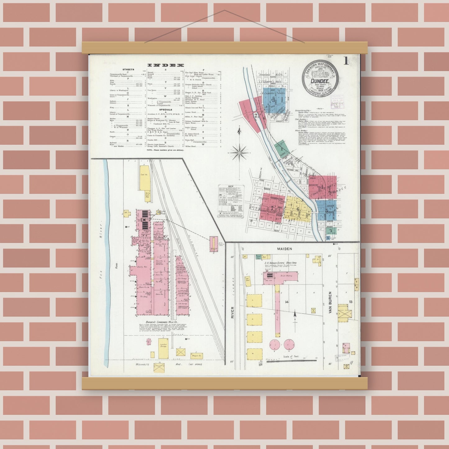 Old map wall art mockup — magnetic wood frame on brick wall — Sanborn Fire Insurance Map from Dundee, Kane County, Illinois (1905), Sheet #0001