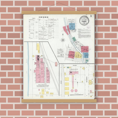 Old map wall art mockup — magnetic wood frame on brick wall — Sanborn Fire Insurance Map from Dundee, Kane County, Illinois (1905), Sheet #0001