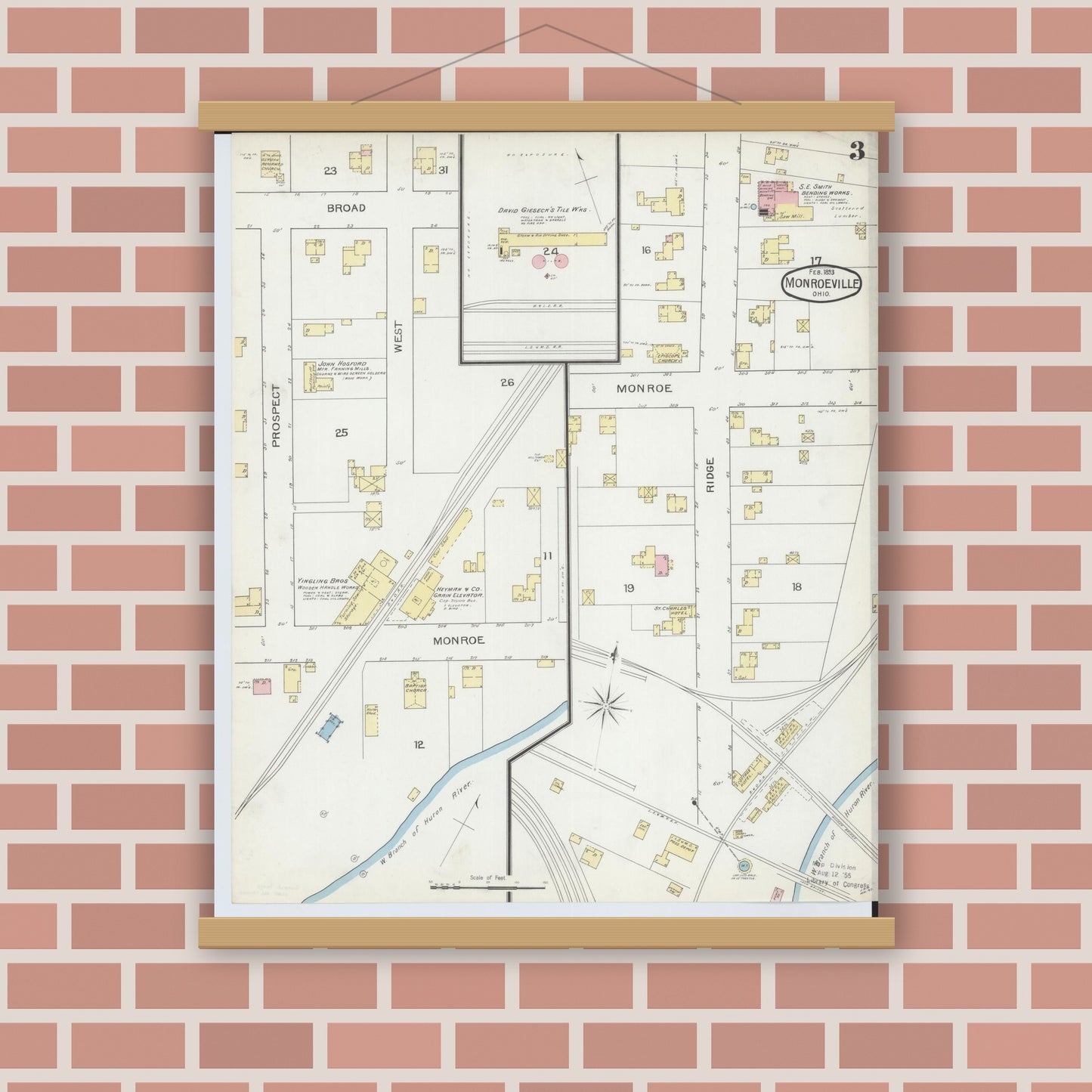 Old map wall art mockup — magnetic wood frame on brick wall — Sanborn Fire Insurance Map from Monroeville, Huron County, Ohio (1893), Sheet #0003