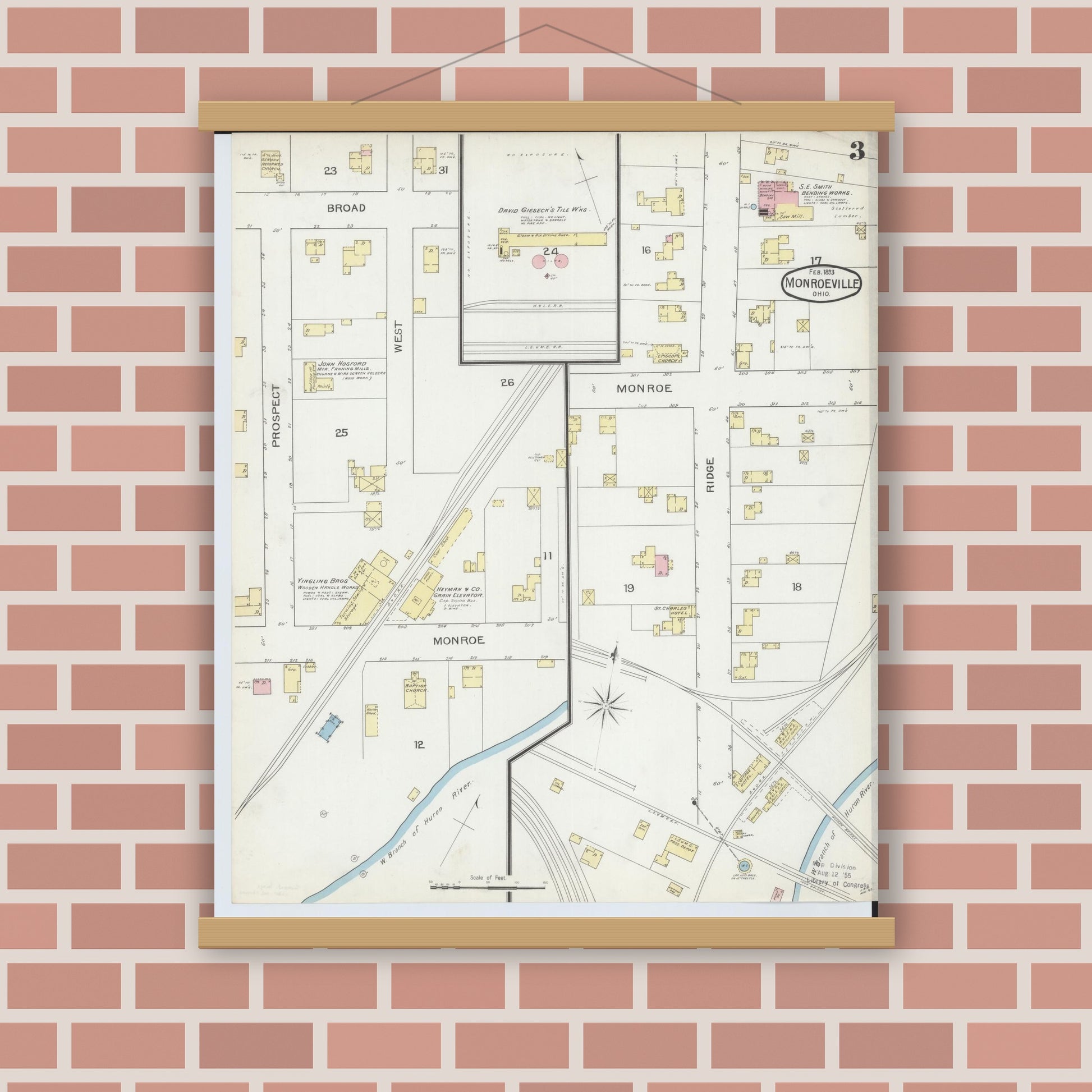 Old map wall art mockup — magnetic wood frame on brick wall — Sanborn Fire Insurance Map from Monroeville, Huron County, Ohio (1893), Sheet #0003