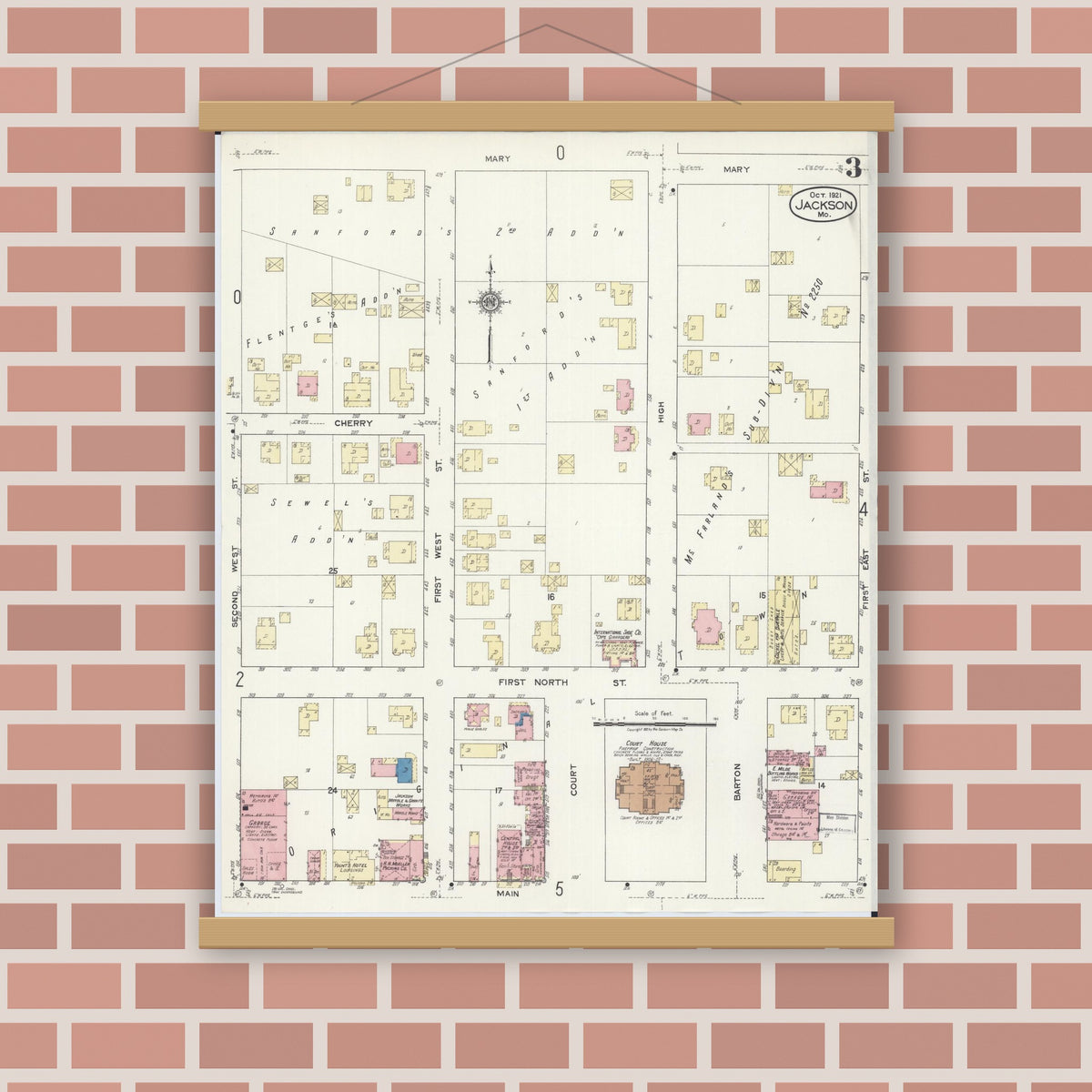 Old map wall art mockup — magnetic wood frame on brick wall — Sanborn Fire Insurance Map from Jackson, Cape Girardeau County, Missouri (1921), Sheet #0003