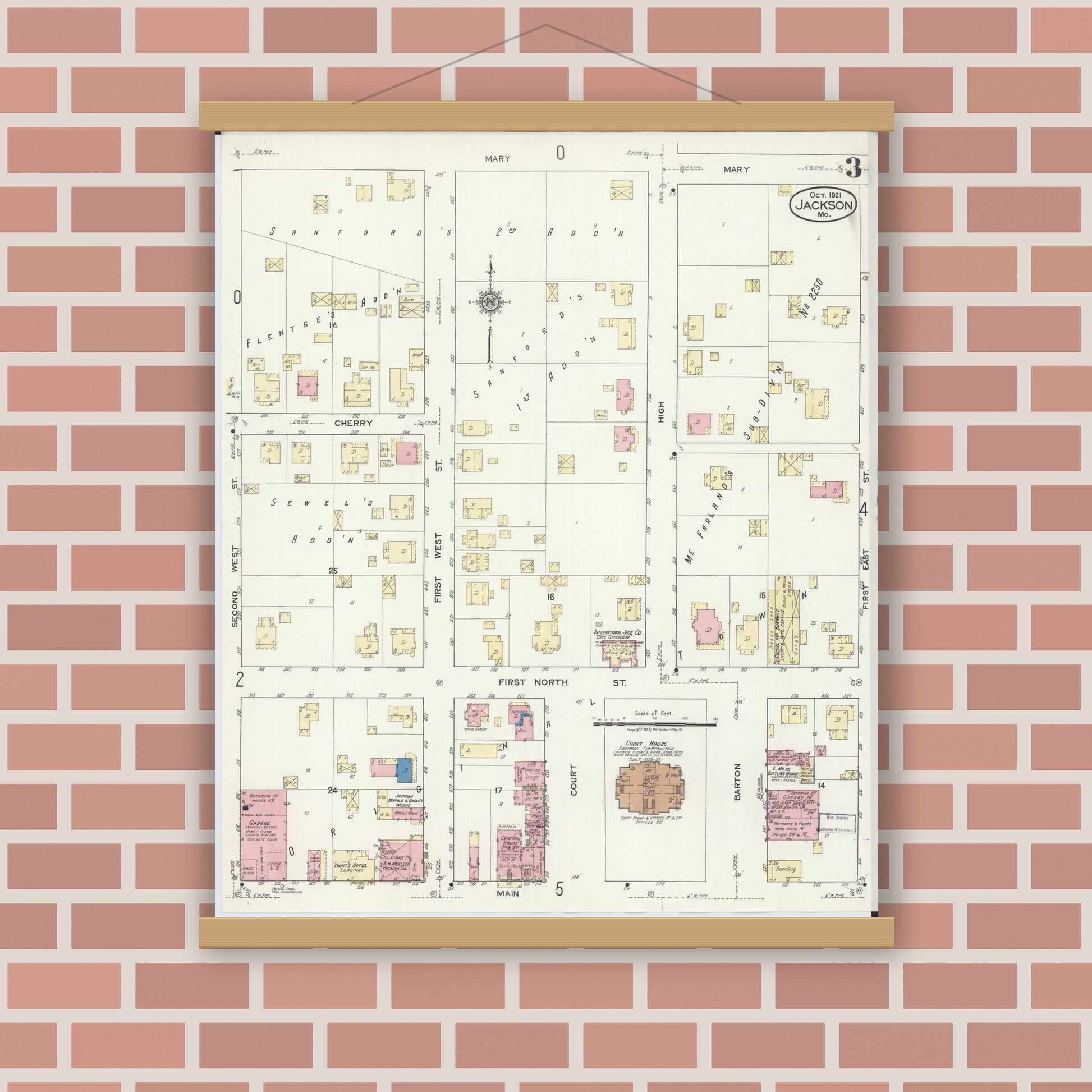 Old map wall art mockup — magnetic wood frame on brick wall — Sanborn Fire Insurance Map from Jackson, Cape Girardeau County, Missouri (1921), Sheet #0003