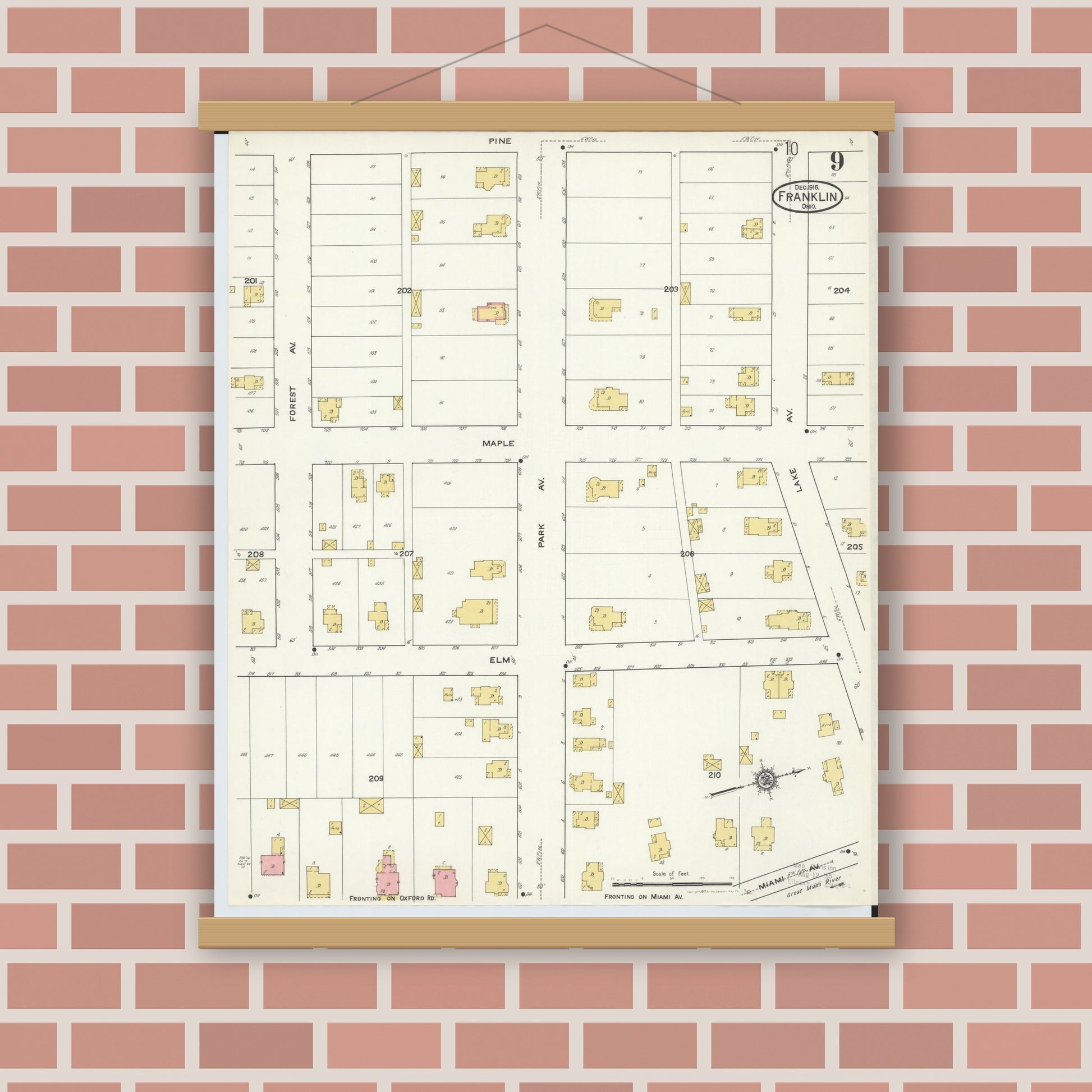 Old map wall art mockup — magnetic wood frame on brick wall — Sanborn Fire Insurance Map from Franklin, Warren County, Ohio (1916), Sheet #0009
