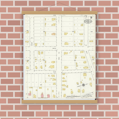 Old map wall art mockup — magnetic wood frame on brick wall — Sanborn Fire Insurance Map from Franklin, Warren County, Ohio (1916), Sheet #0009