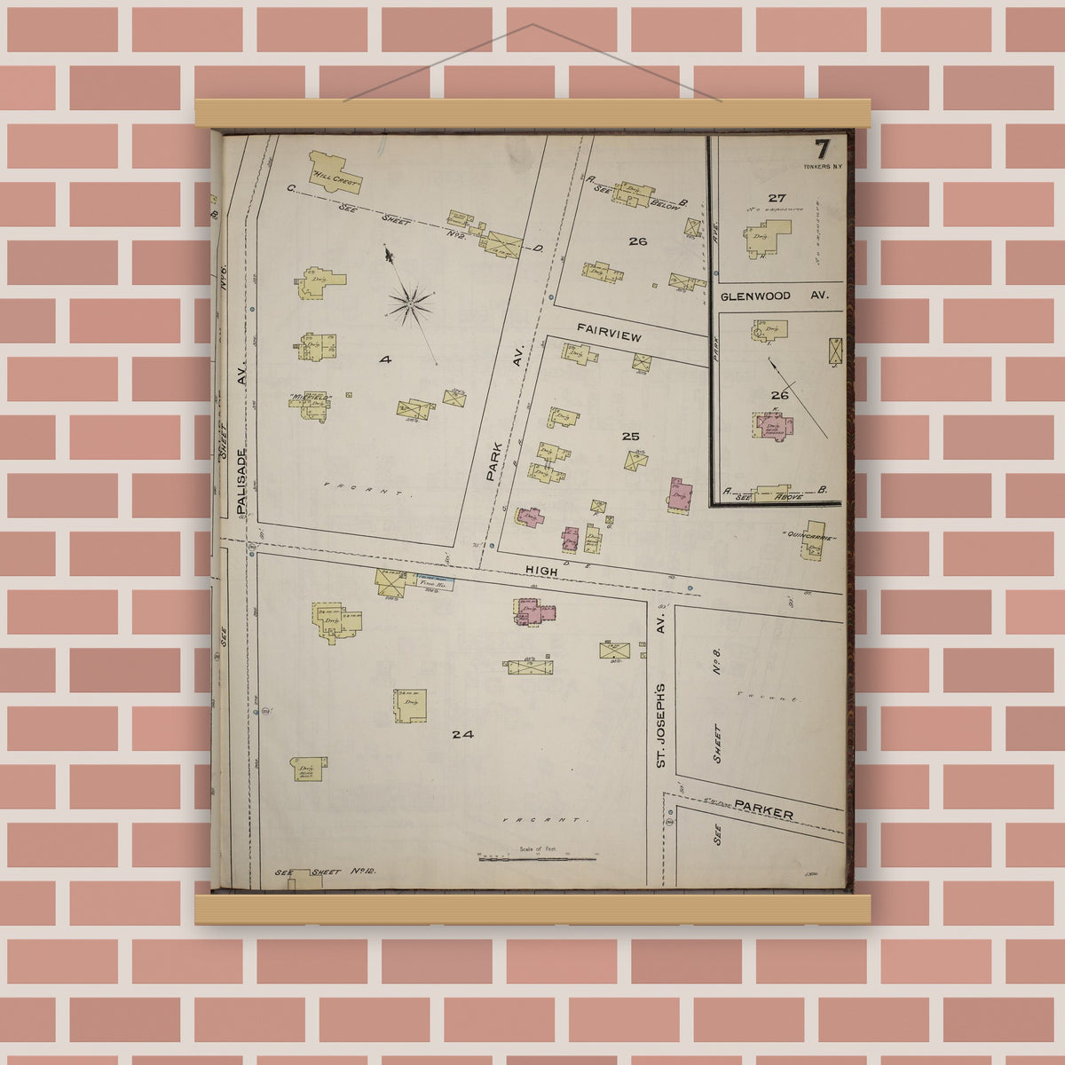 Old map wall art mockup — magnetic wood frame on brick wall — Sanborn Fire Insurance Map from Yonkers, Westchester County, New York (1886), Sheet #0007