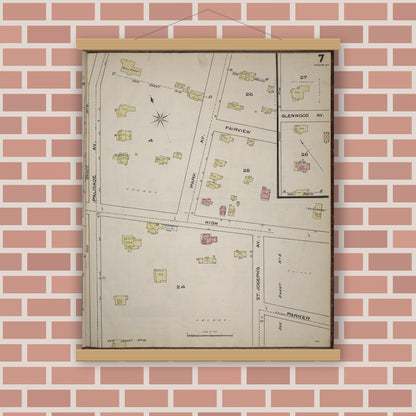 Old map wall art mockup — magnetic wood frame on brick wall — Sanborn Fire Insurance Map from Yonkers, Westchester County, New York (1886), Sheet #0007