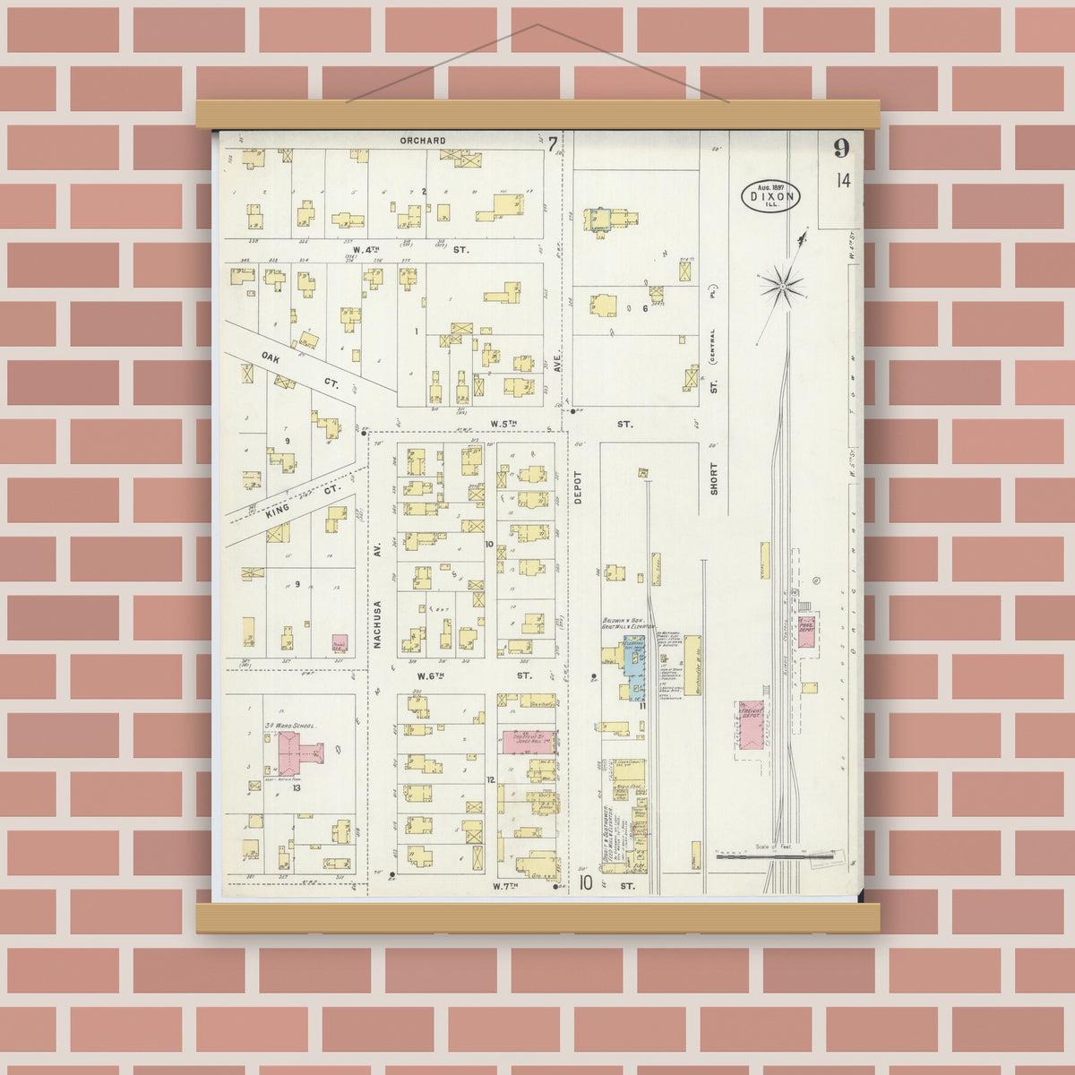 Old map wall art mockup — magnetic wood frame on brick wall — Sanborn Fire Insurance Map from Dixon, Lee County, Illinois (1897), Sheet #0009