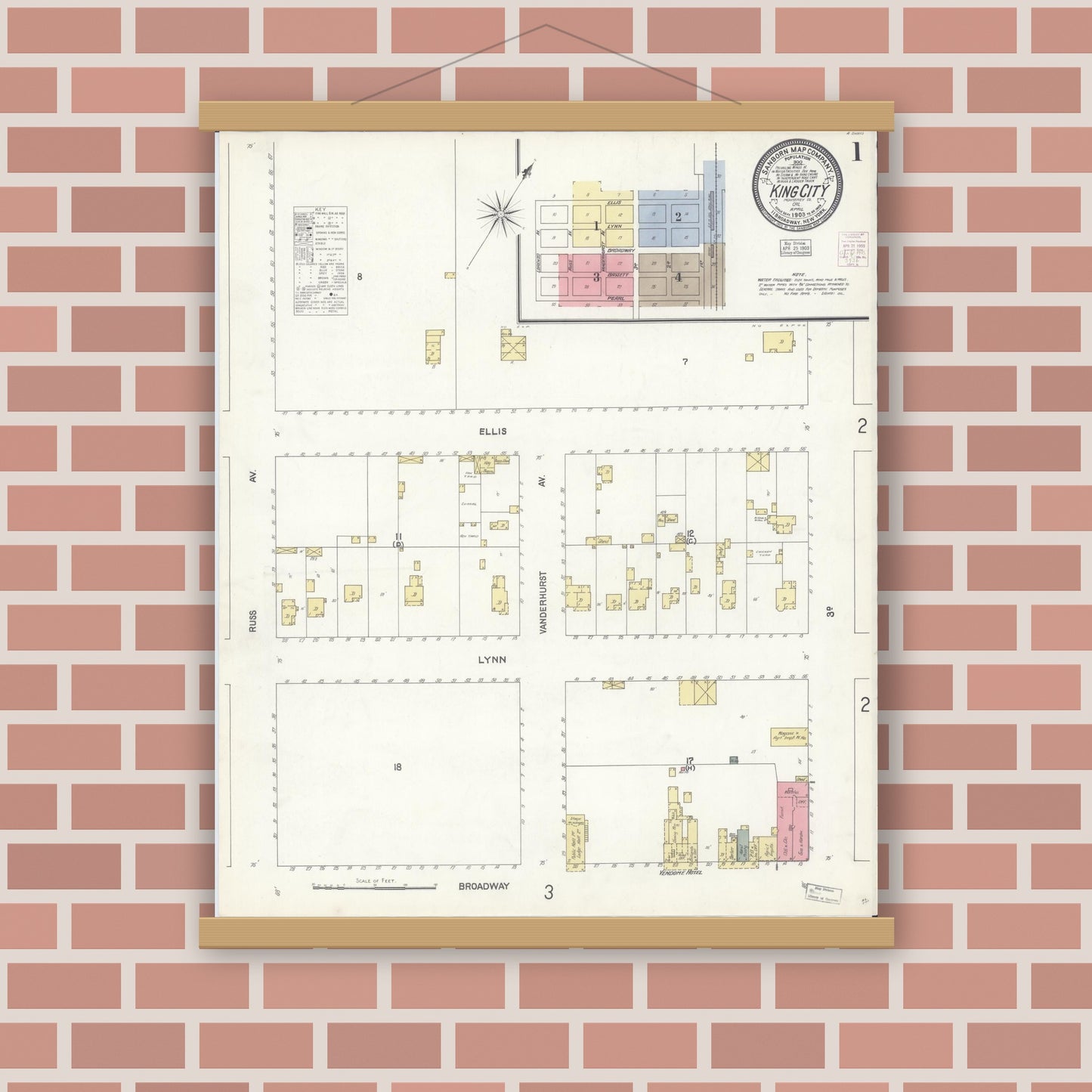 Old map wall art mockup — magnetic wood frame on brick wall — Sanborn Fire Insurance Map from King City, Monterey County, California (1903) - Complete Map Set