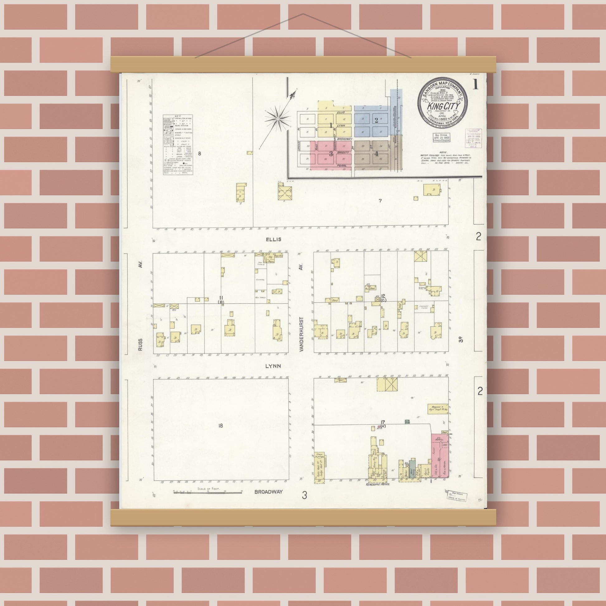 Old map wall art mockup — magnetic wood frame on brick wall — Sanborn Fire Insurance Map from King City, Monterey County, California (1903) - Complete Map Set