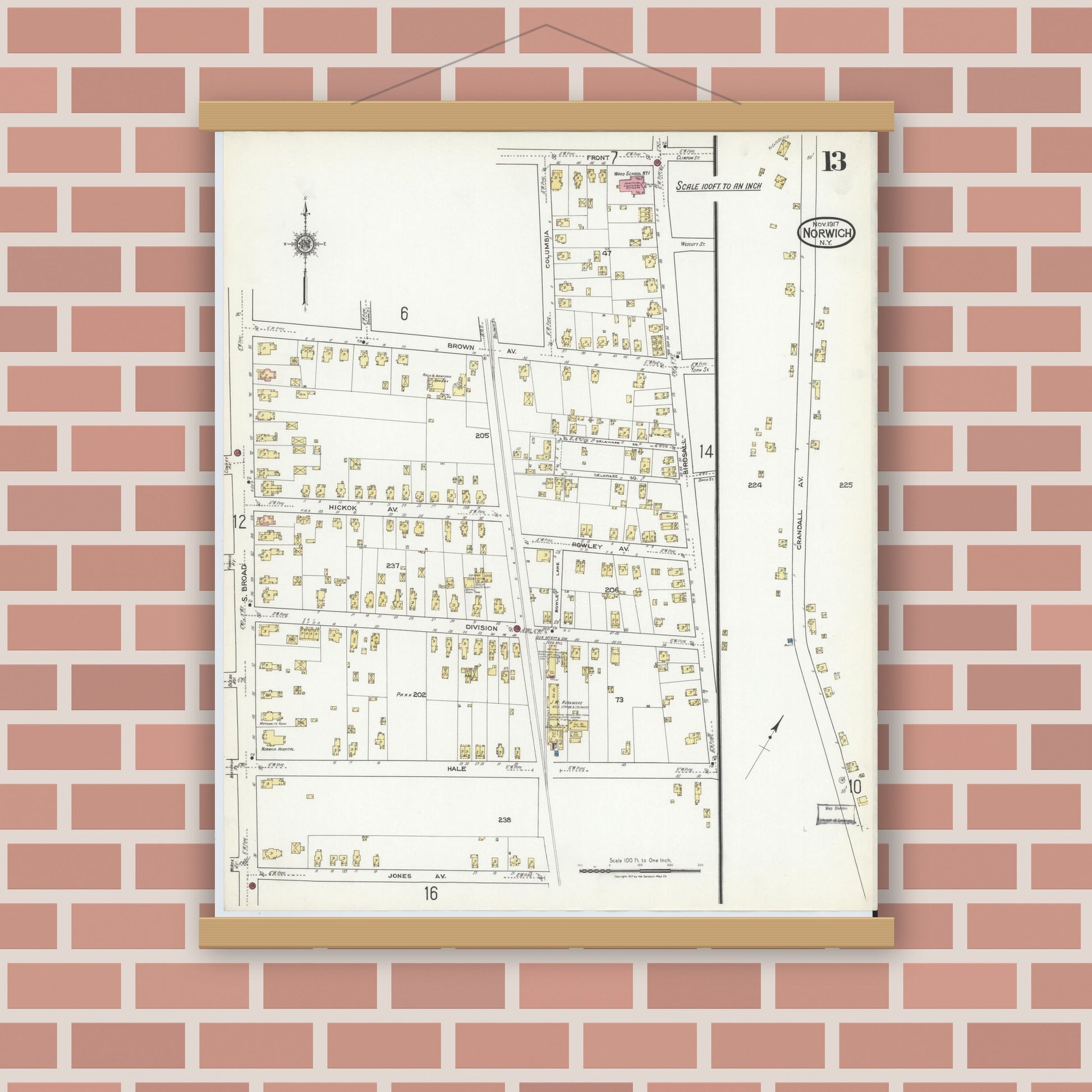 Old map wall art mockup — magnetic wood frame on brick wall — Sanborn Fire Insurance Map from Norwich, Chenango County, New York (1917), Sheet #0013