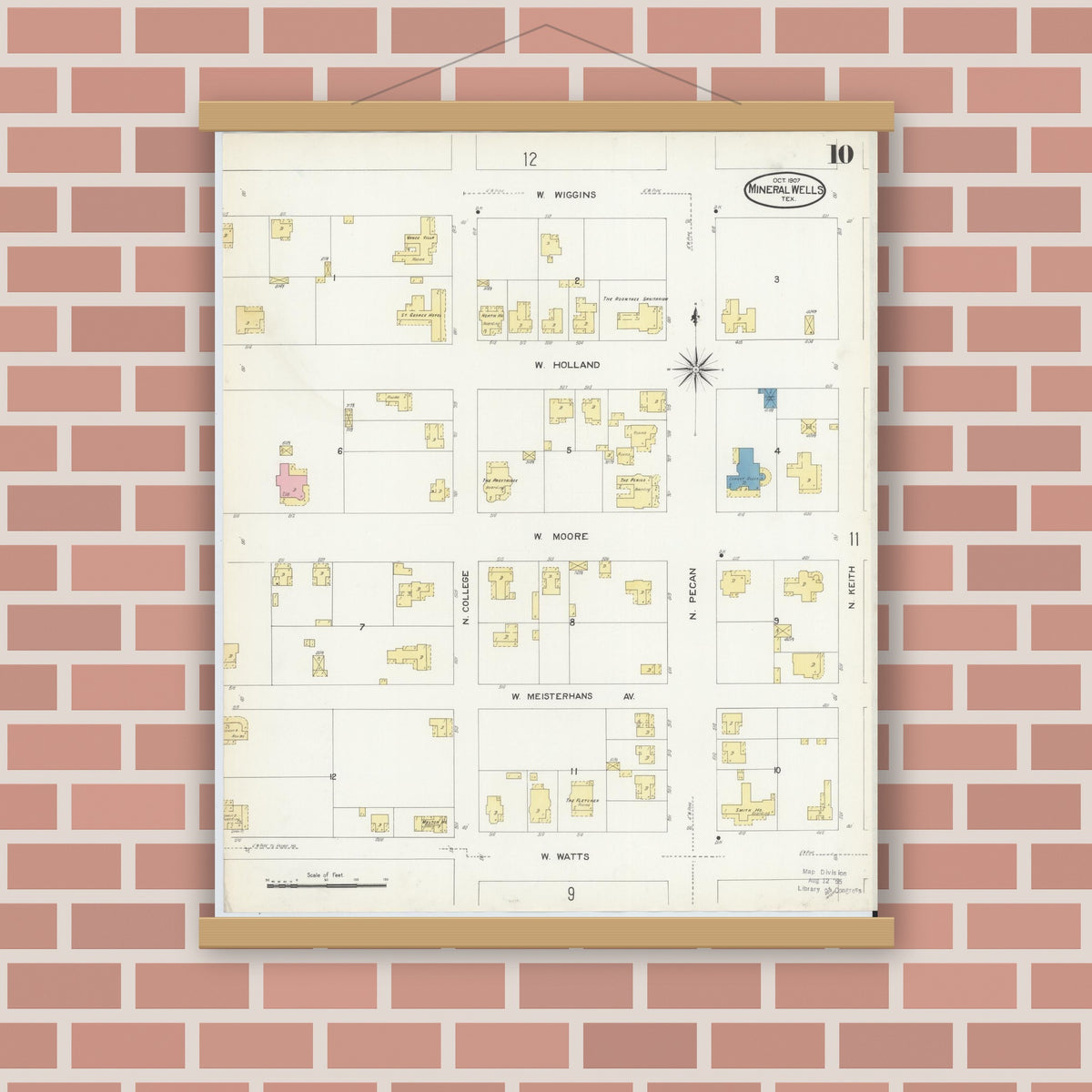Old map wall art mockup — magnetic wood frame on brick wall — Sanborn Fire Insurance Map from Mineral Wells, Palo Pinto County, Texas (1907), Sheet #0010