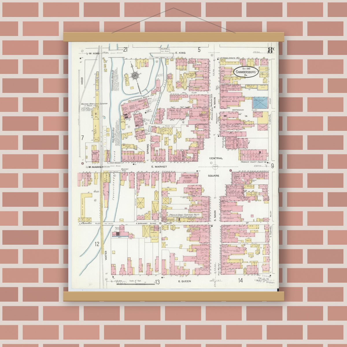 Old map wall art mockup — magnetic wood frame on brick wall — Sanborn Fire Insurance Map from Chambersburg, Franklin County, Pennsylvania (1910), Sheet #0008