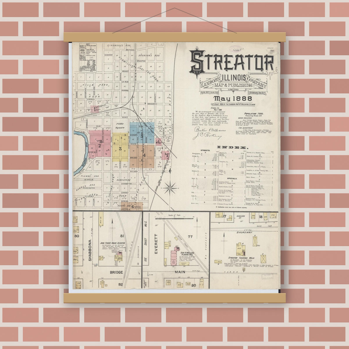 Old map wall art mockup — magnetic wood frame on brick wall — Sanborn Fire Insurance Map from Streator, La Salle County, Illinois (1888) - Complete Map Set